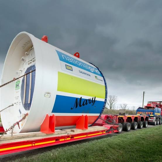 Tunnel boring machine Mary being transported on a heavy haulage trailer